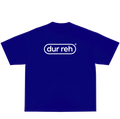 A royal blue short-sleeve t-shirt with a white 'dur reh' logo printed on the chest, displayed against a solid white background.