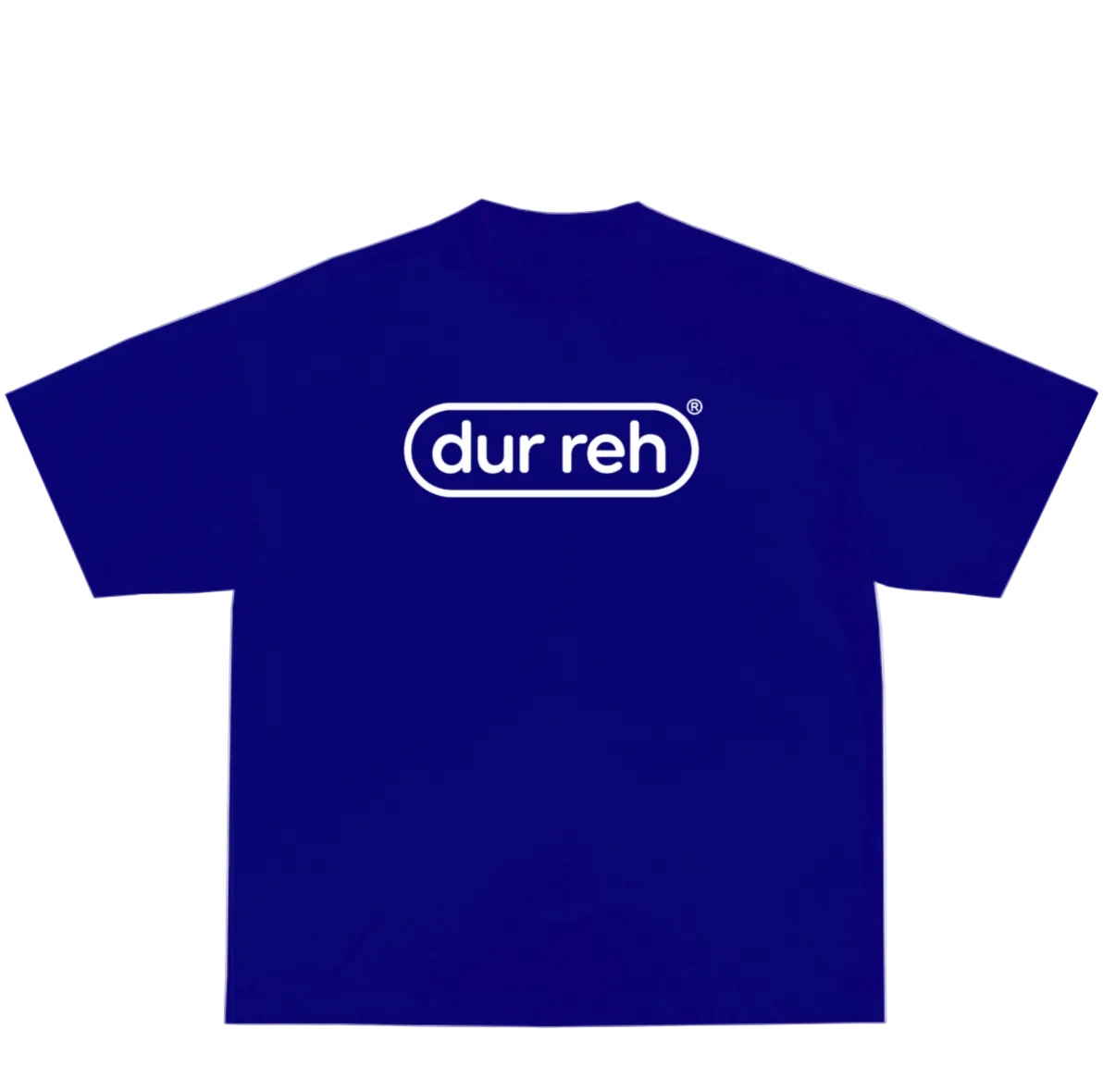 A royal blue short-sleeve t-shirt with a white 'dur reh' logo printed on the chest, displayed against a solid white background.